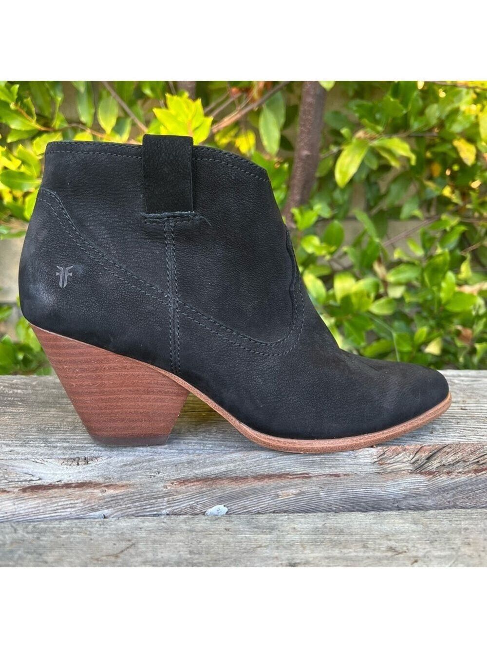 Frye Black Suede Leather Ankle Booties Wooden Heel